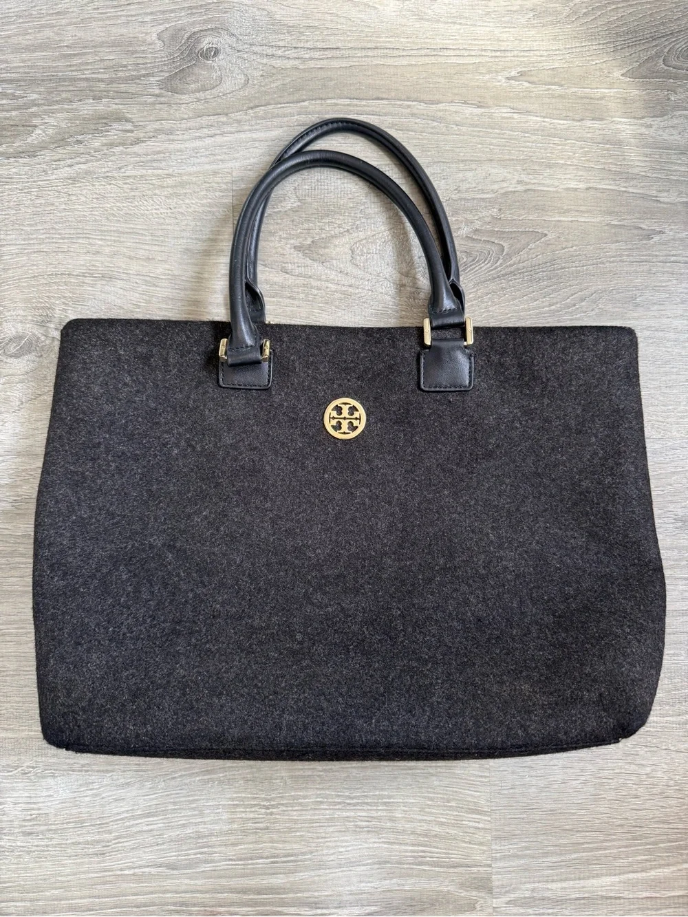Tory Burch Black Wool Tote with Gold Logo